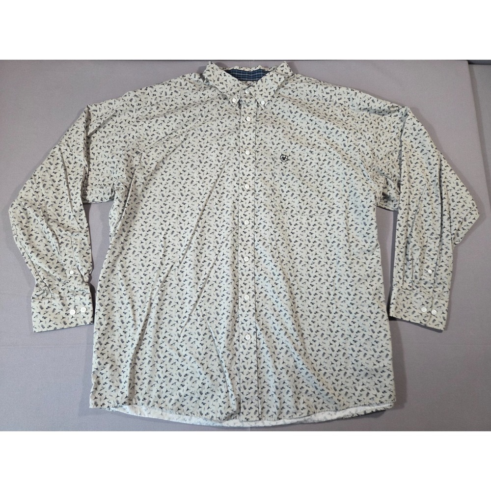 Ariat Dress Shirt Mens 2 Extra Large Silver Western Icon Print Flip Cuff Cowboy